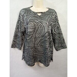 Bon Worth Womens Medium Gray With Blue Geometric Design Blouse 3/4 Sleeve V Neck